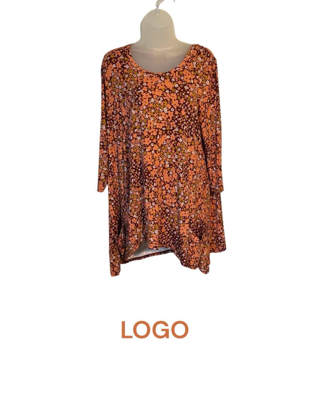 LOGO by Lori Goldstein Orange/Brown Floral Tunic Top w/Pockets   LARGE  #1